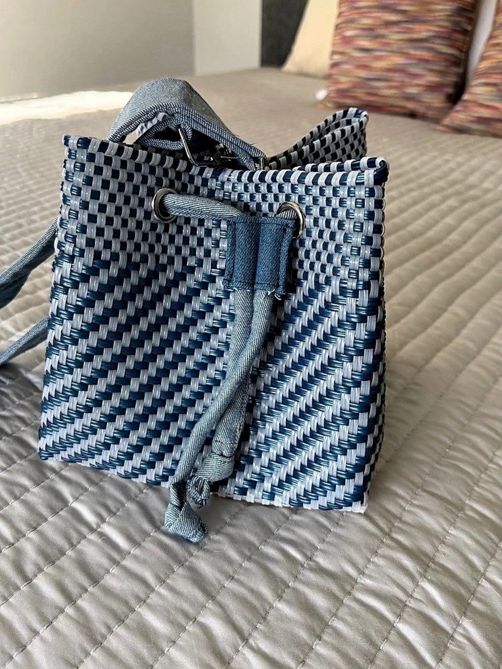 Cap Ferrat Woven Crossbody Bag in Blue & White